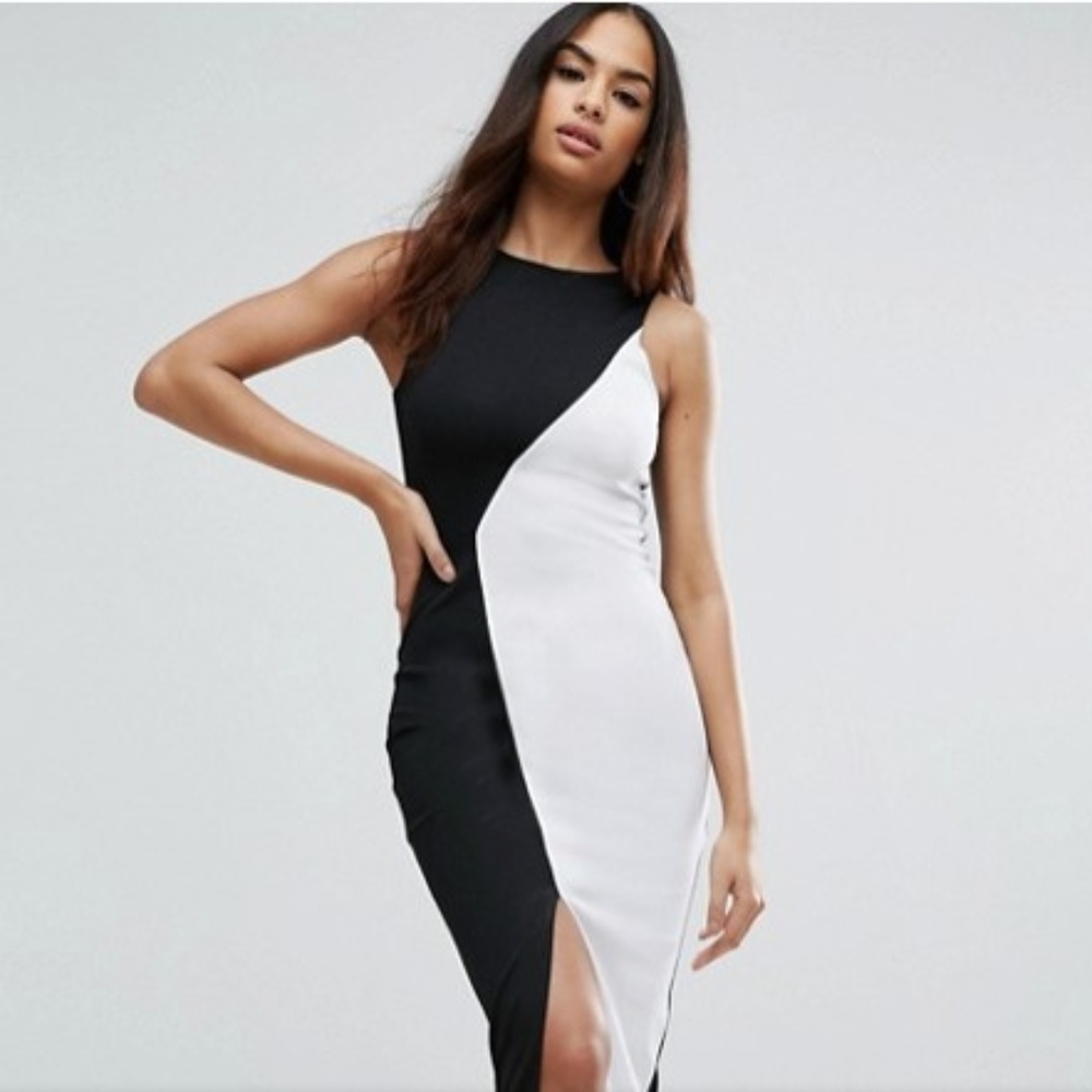 ASOS Mono Ribbed Asymmetric Bodycon Midi Dress